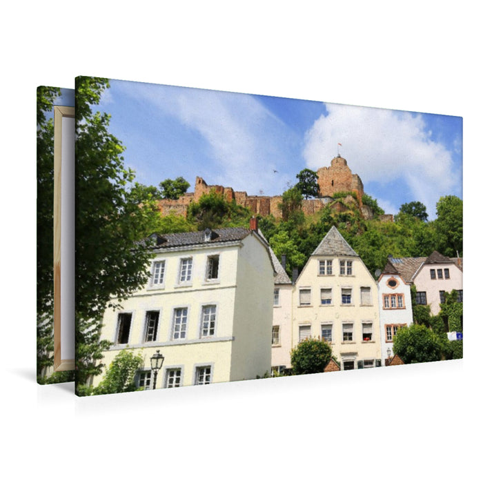 Premium Textil-Leinwand Blick zur Burgruine in Saarburg in Rheinland-Pfalz