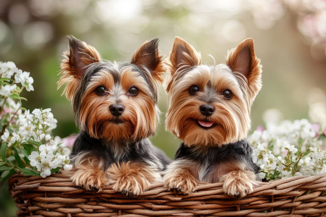 Premium Textil-Leinwand Yorkshire Terrier - Ein Korb voller Freude