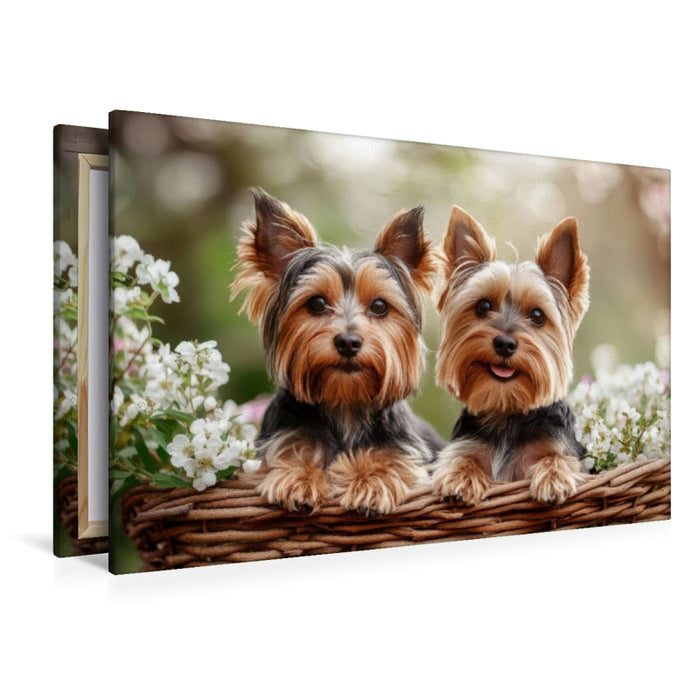 Premium Textil-Leinwand Yorkshire Terrier - Ein Korb voller Freude