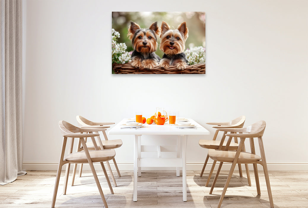 Premium Textil-Leinwand Yorkshire Terrier - Ein Korb voller Freude