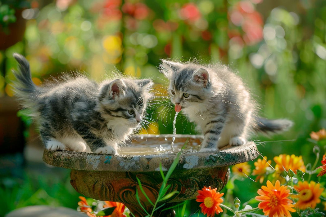 Premium Textil-Leinwand Katzenbabys - Kleine Entdecker am Vogelbad