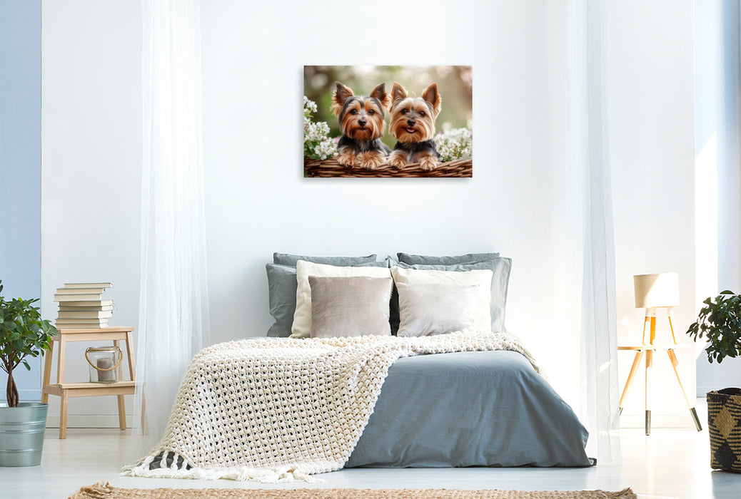 Premium Textil-Leinwand Yorkshire Terrier - Ein Korb voller Freude