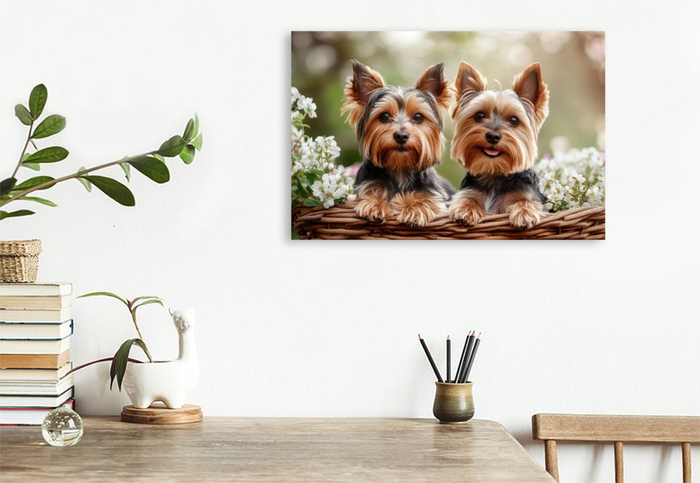 Premium Textil-Leinwand Yorkshire Terrier - Ein Korb voller Freude
