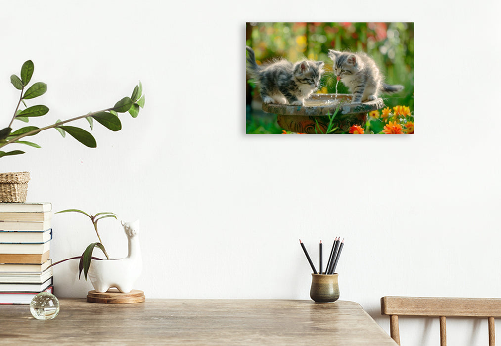 Premium Textil-Leinwand Katzenbabys - Kleine Entdecker am Vogelbad