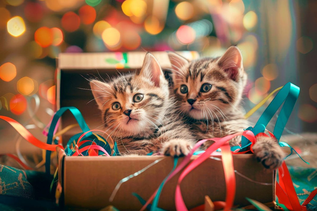 Premium Textil-Leinwand Katzenbabys - Gemeinsam im bunten Abenteuerland