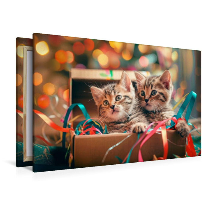 Premium Textil-Leinwand Katzenbabys - Gemeinsam im bunten Abenteuerland