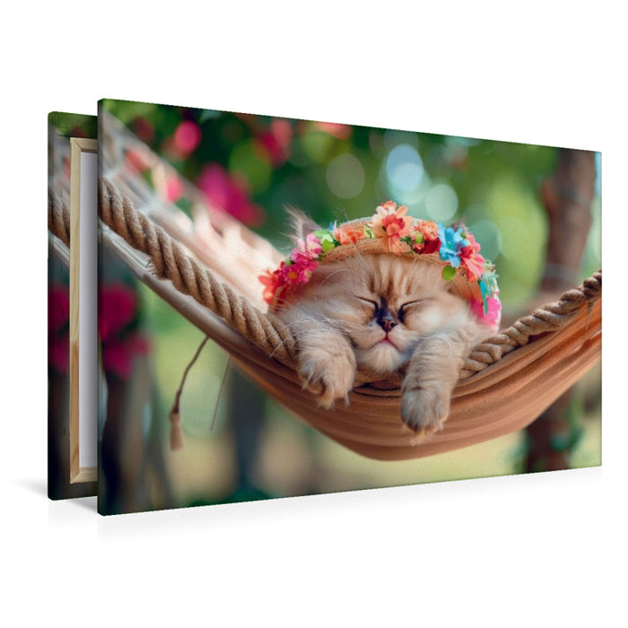 Premium Textil-Leinwand Katzenbaby - Kleines Blumenkind faul in der Hängematte
