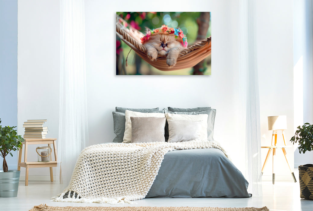 Premium Textil-Leinwand Katzenbaby - Kleines Blumenkind faul in der Hängematte