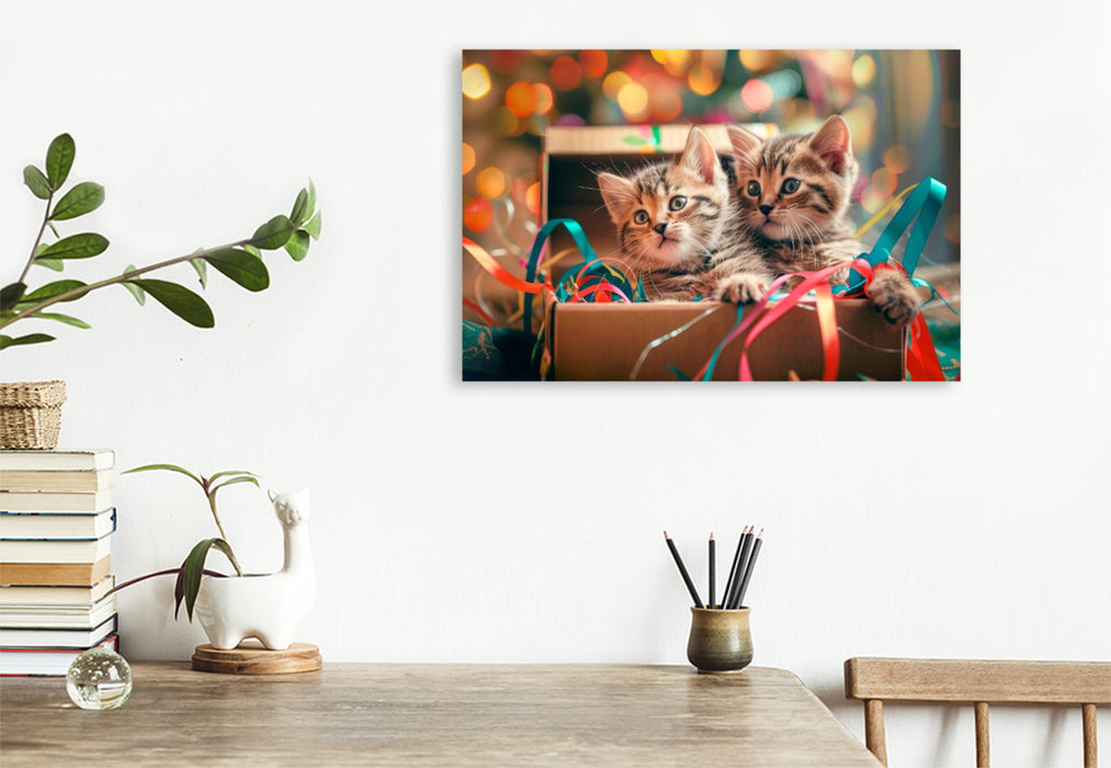 Premium Textil-Leinwand Katzenbabys - Gemeinsam im bunten Abenteuerland