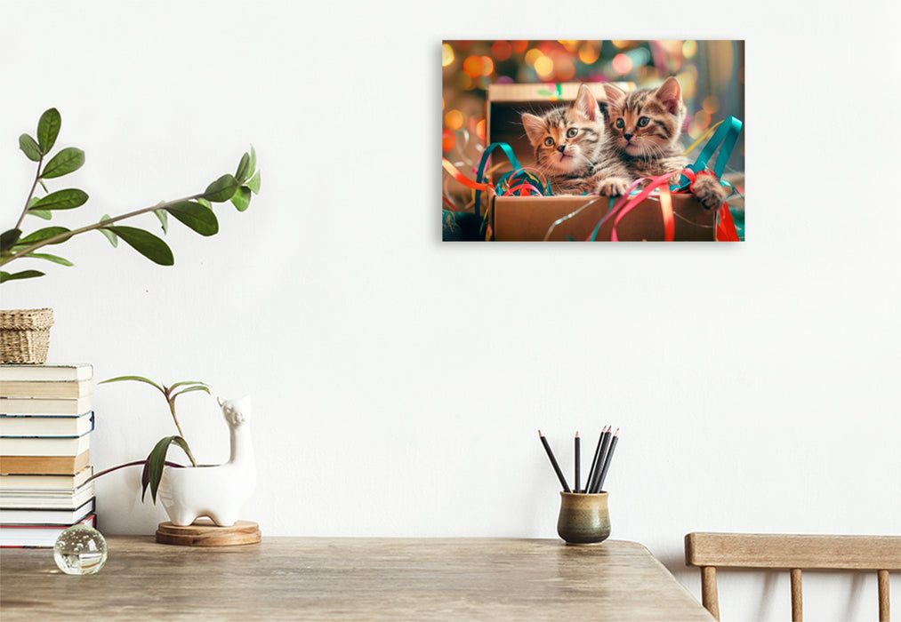 Premium Textil-Leinwand Katzenbabys - Gemeinsam im bunten Abenteuerland
