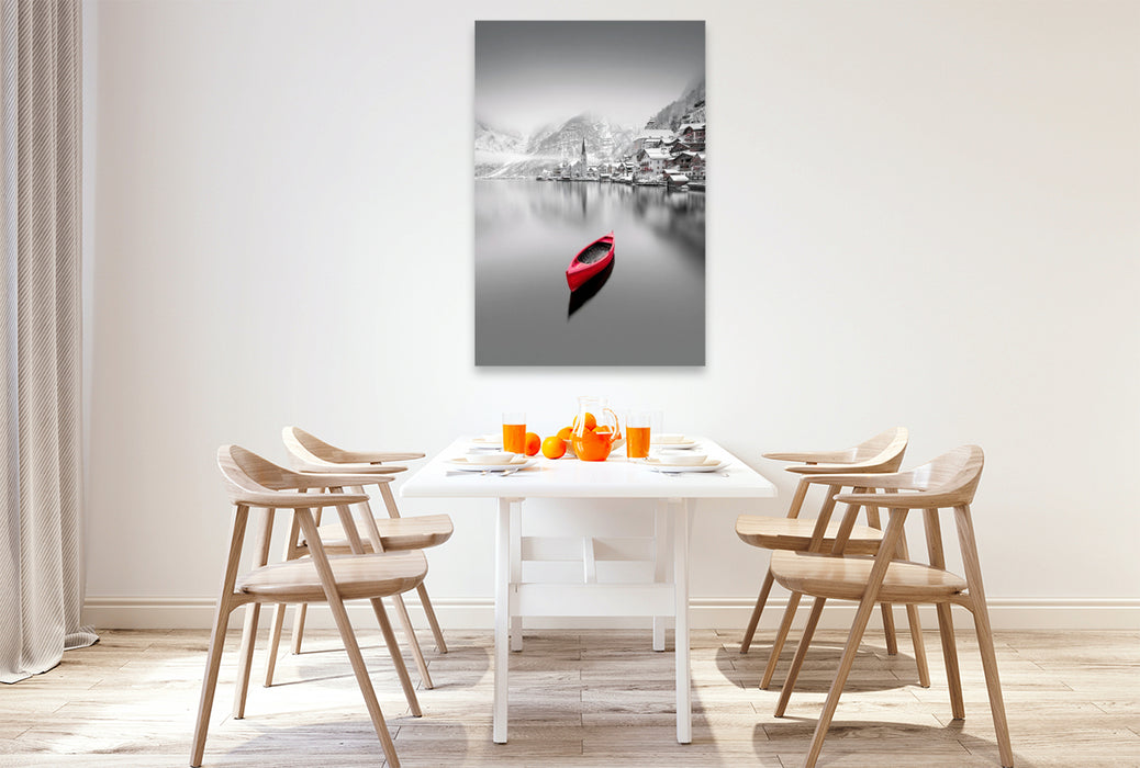 Premium Textil-Leinwand Hallstadt, ein Wintermärchen am See