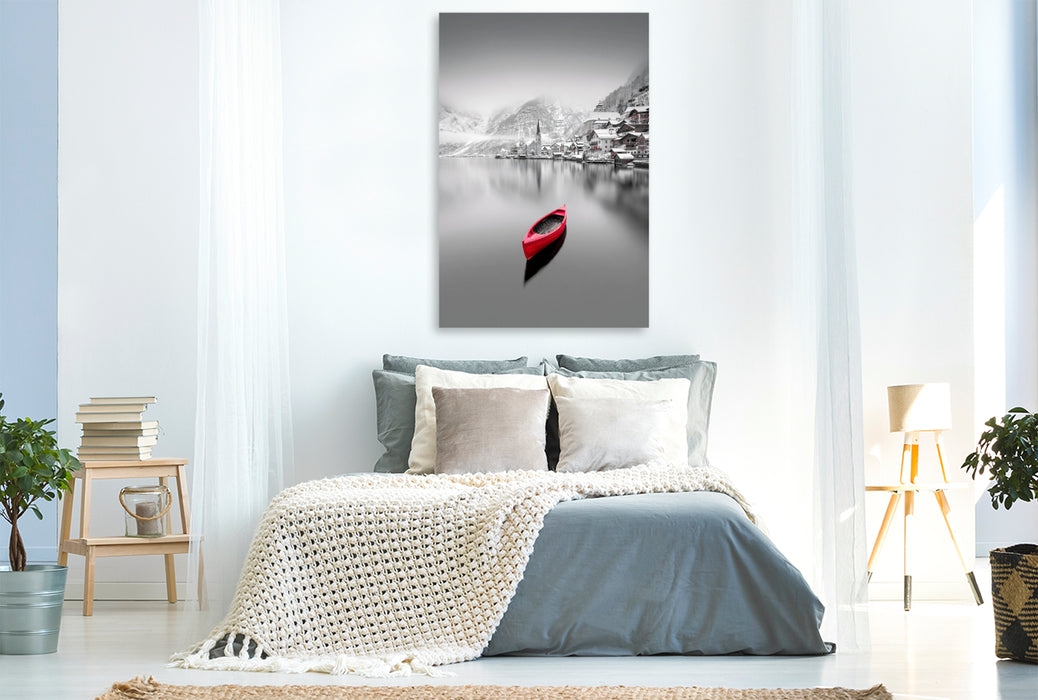 Premium Textil-Leinwand Hallstadt, ein Wintermärchen am See