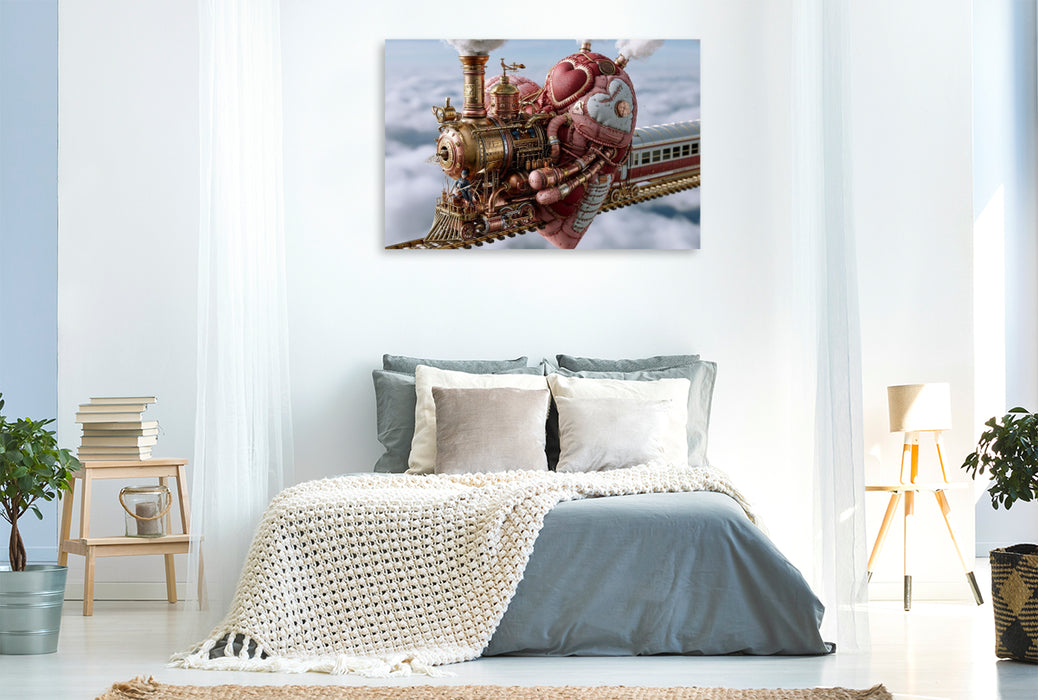 Premium Textil-Leinwand Herzlokomotive auf schwebenden Schienen