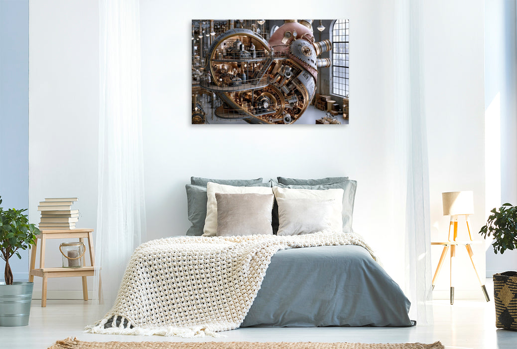 Premium Textil-Leinwand Mechanisches Herz in einer Fabrikhalle