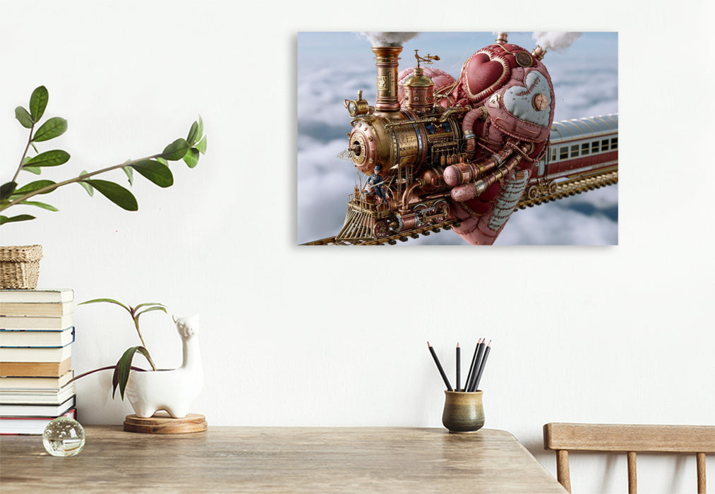 Premium Textil-Leinwand Herzlokomotive auf schwebenden Schienen