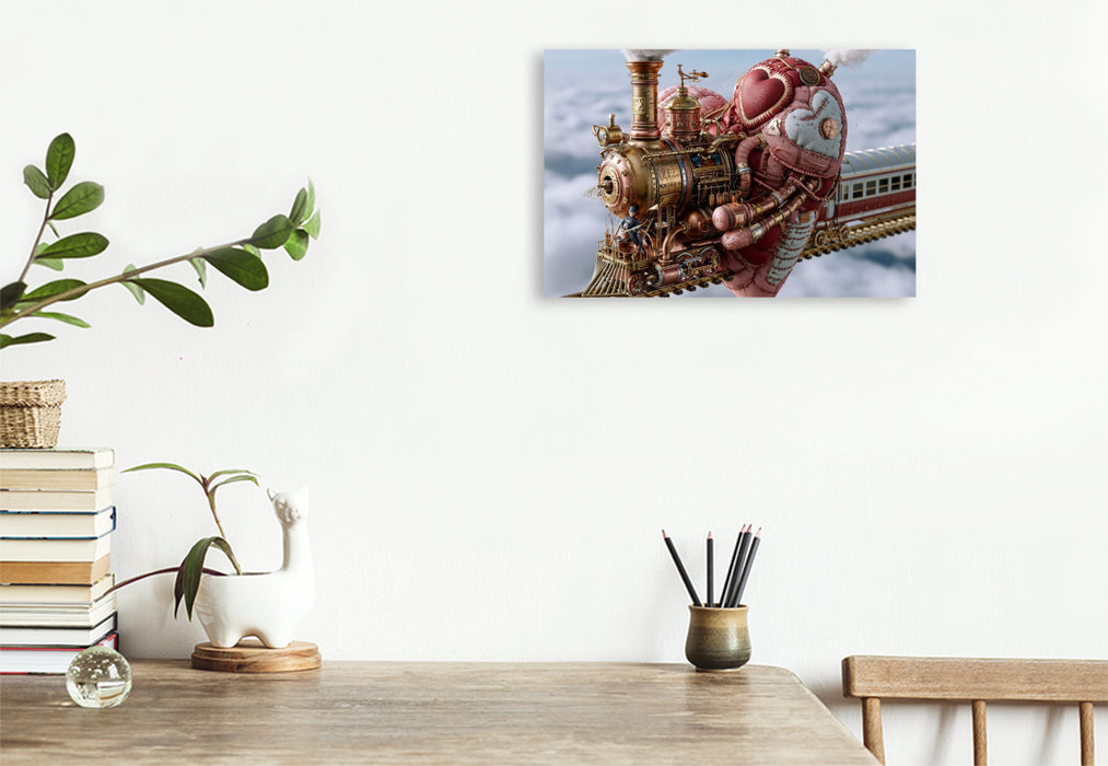 Premium Textil-Leinwand Herzlokomotive auf schwebenden Schienen