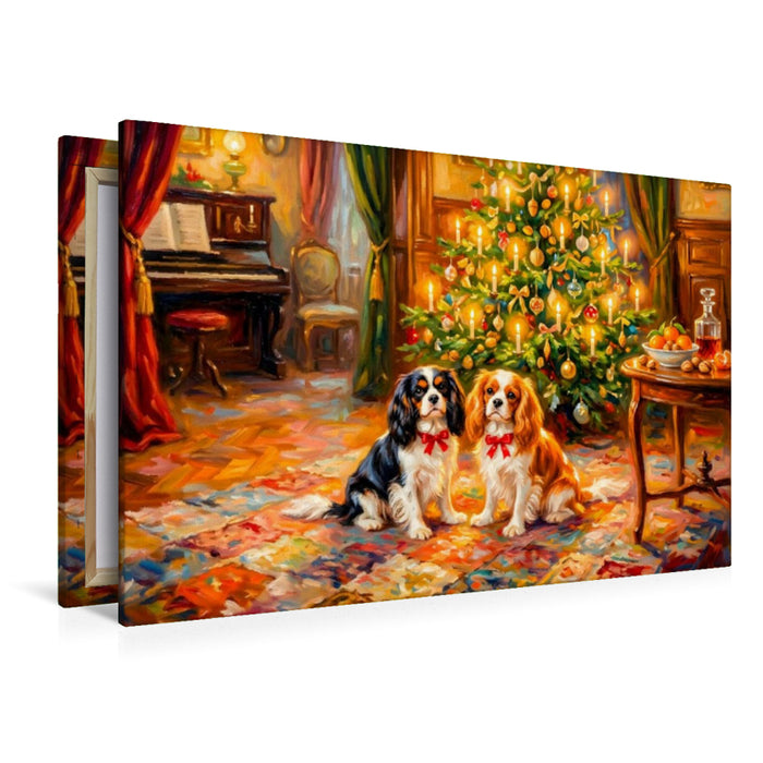 Premium Textil-Leinwand Zwei Spaniel unterm Weihnachtsbaum Impressionistisch