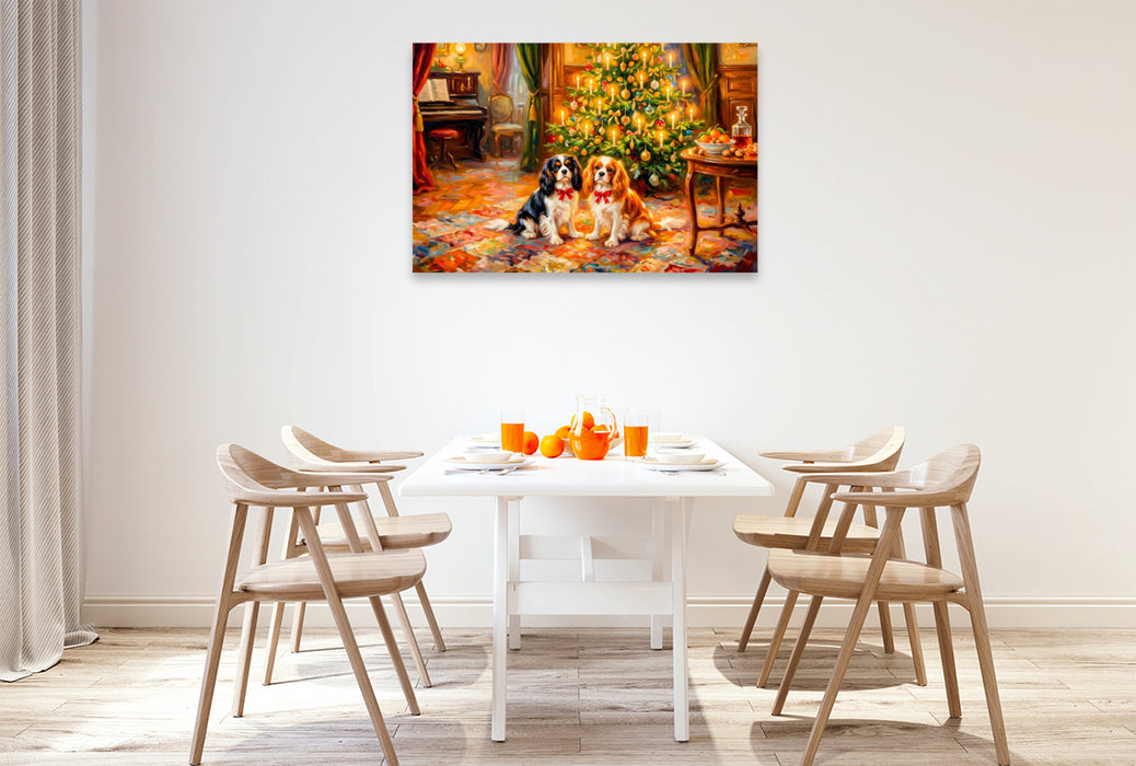 Premium Textil-Leinwand Zwei Spaniel unterm Weihnachtsbaum Impressionistisch