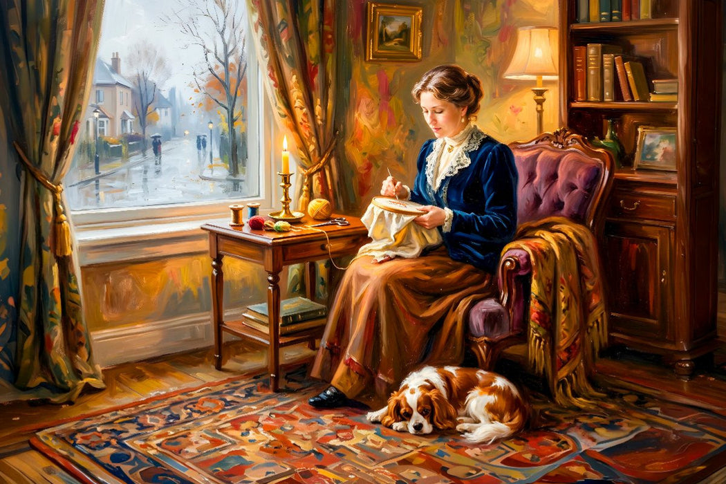 Premium Textil-Leinwand Frau am Fenster mit Spaniel Impressionistisch