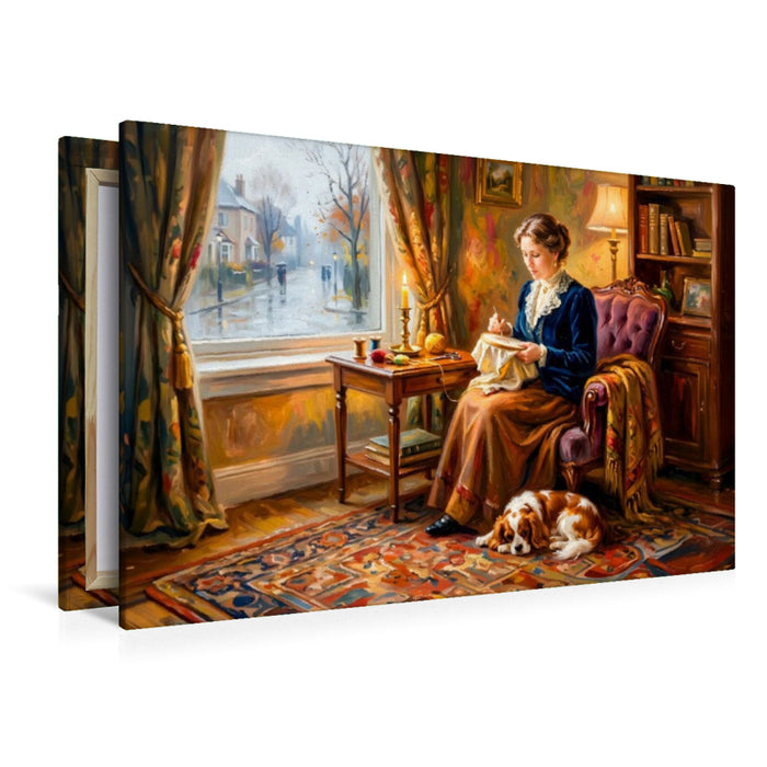 Premium Textil-Leinwand Frau am Fenster mit Spaniel Impressionistisch