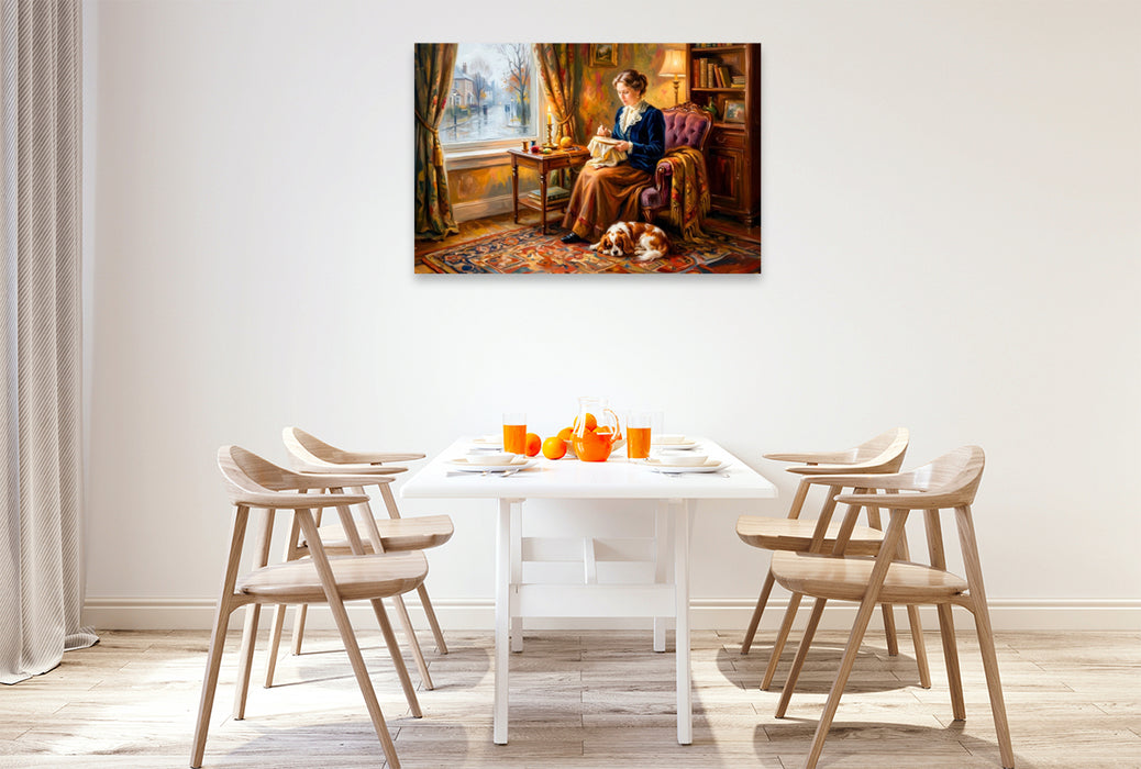 Premium Textil-Leinwand Frau am Fenster mit Spaniel Impressionistisch