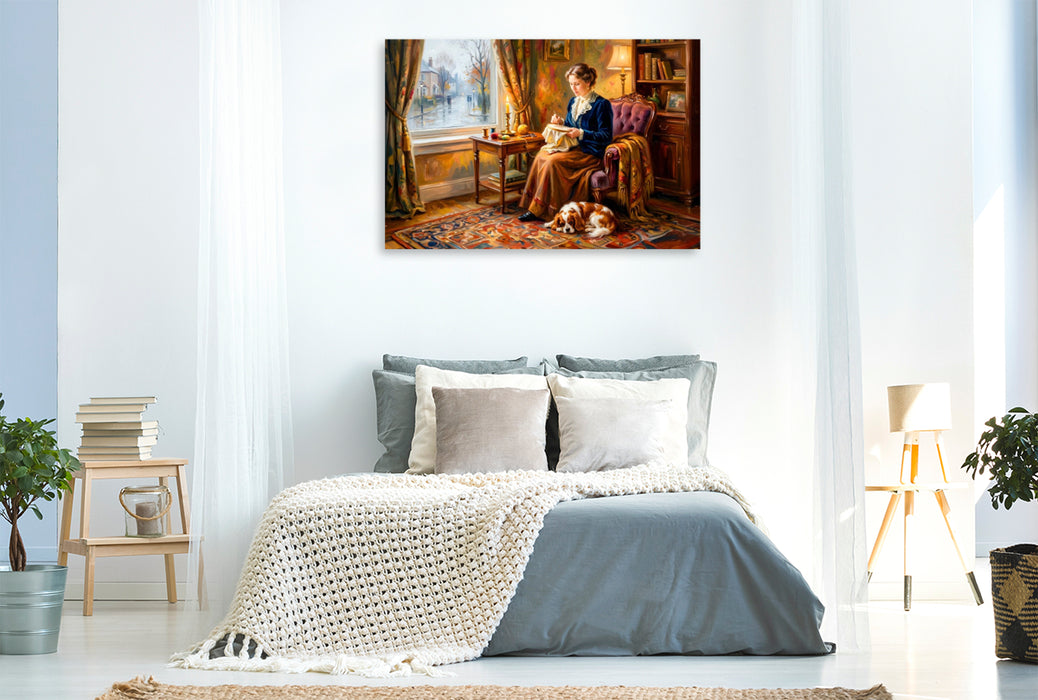 Premium Textil-Leinwand Frau am Fenster mit Spaniel Impressionistisch