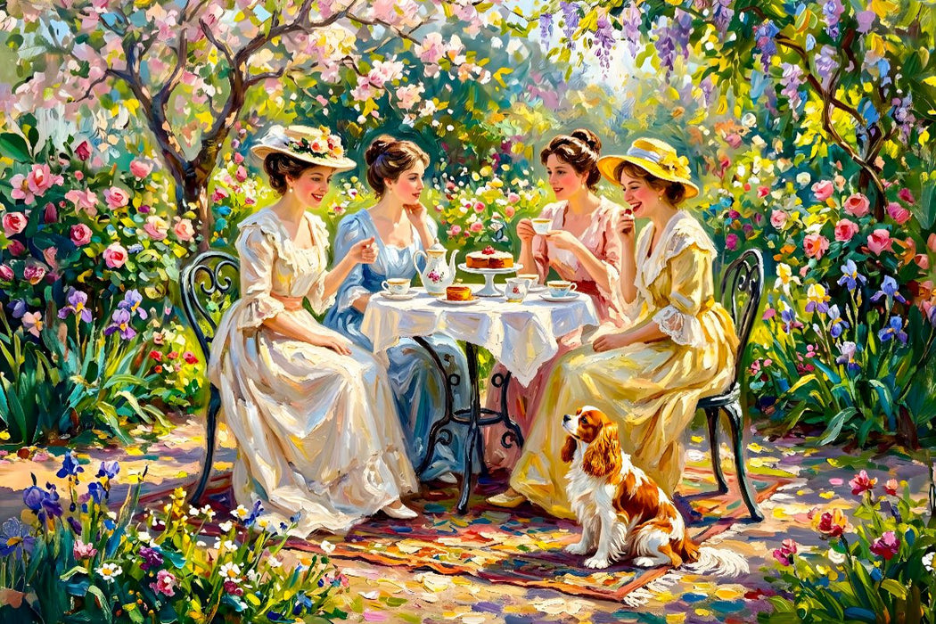 Premium Textil-Leinwand Frühlingsgarten Damenrunde mit Spaniel Impressionistisch