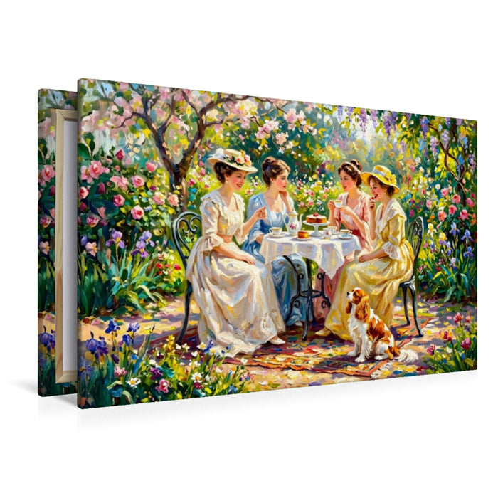 Premium Textil-Leinwand Frühlingsgarten Damenrunde mit Spaniel Impressionistisch