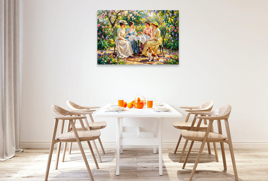 Premium Textil-Leinwand Frühlingsgarten Damenrunde mit Spaniel Impressionistisch