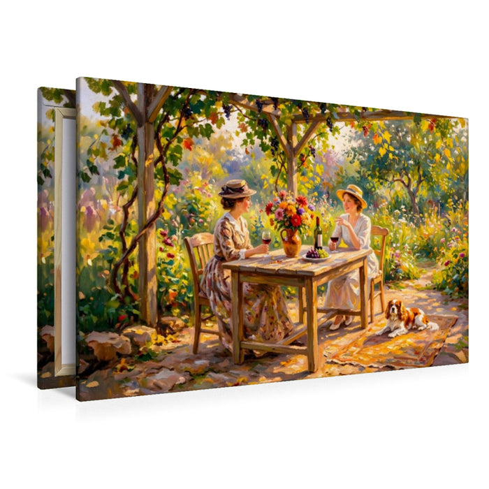 Premium Textil-Leinwand Spätsommer Gartenrunde mit Hund Impressionistisch