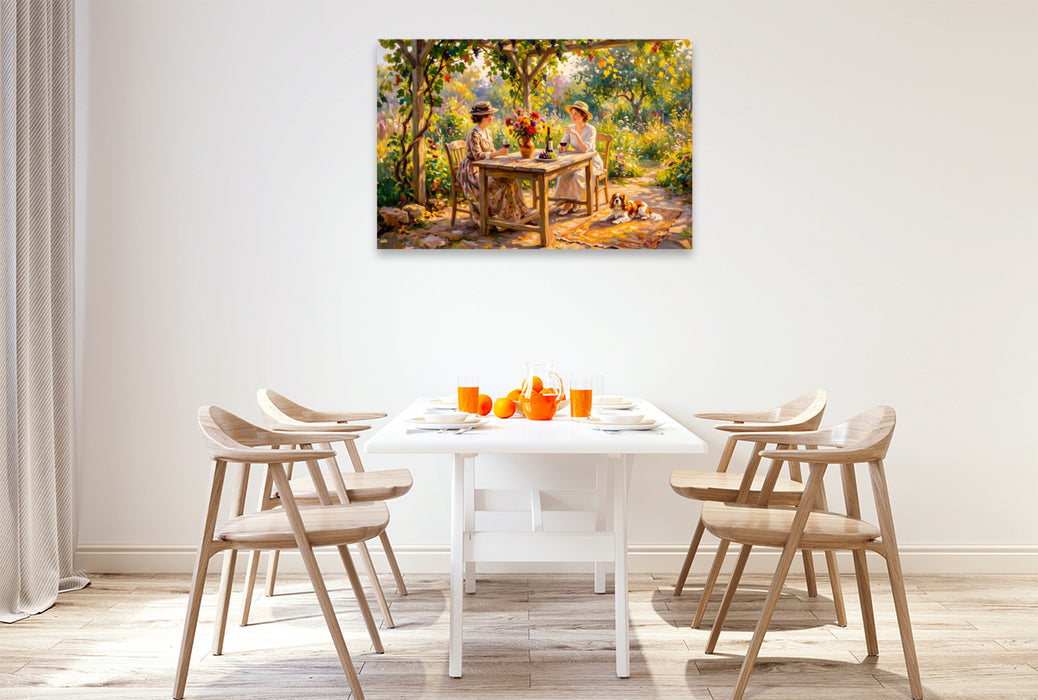 Premium Textil-Leinwand Spätsommer Gartenrunde mit Hund Impressionistisch