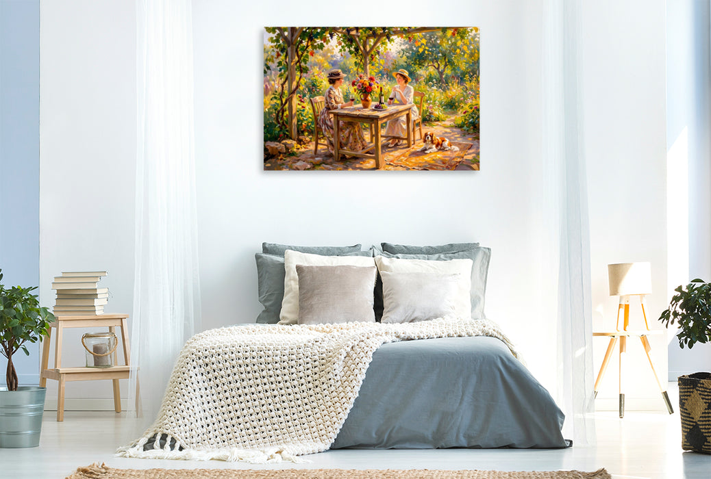 Premium Textil-Leinwand Spätsommer Gartenrunde mit Hund Impressionistisch