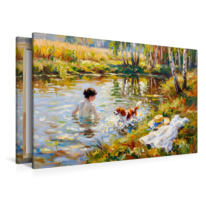 Premium Textil-Leinwand Badende Dame mit King Charles Spaniel