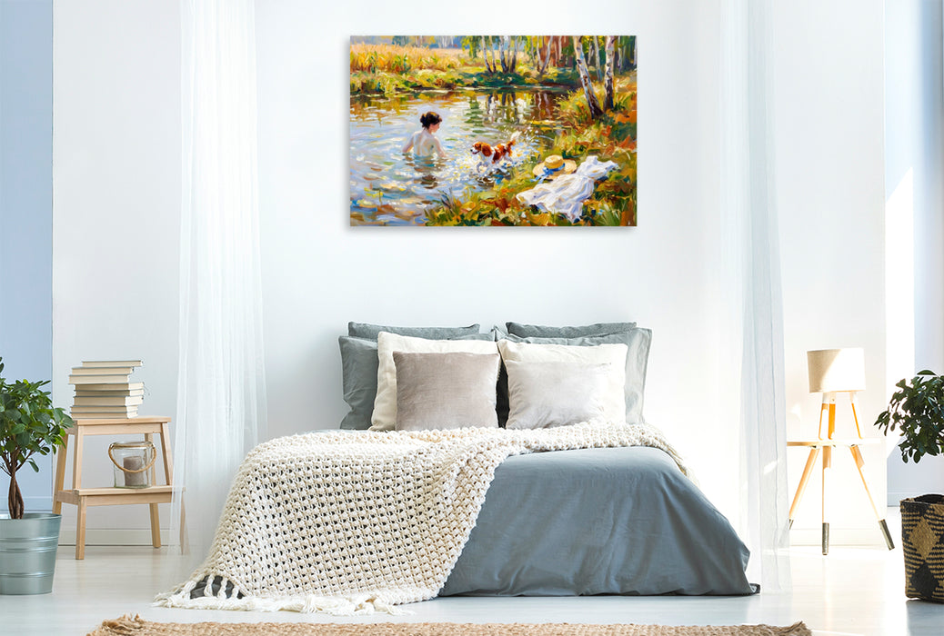 Premium Textil-Leinwand Badende Dame mit King Charles Spaniel