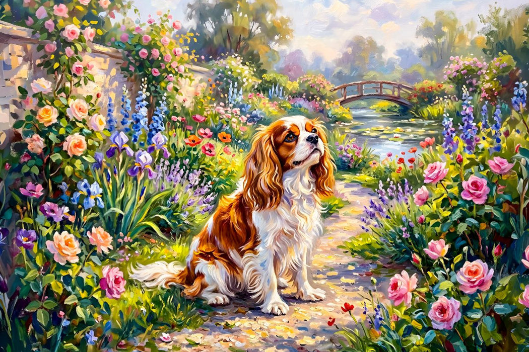Premium Textil-Leinwand King Charles Spaniel Portrait im Garten