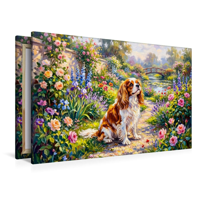 Premium Textil-Leinwand King Charles Spaniel Portrait im Garten