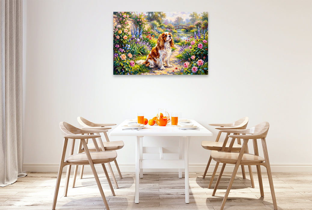 Premium Textil-Leinwand King Charles Spaniel Portrait im Garten