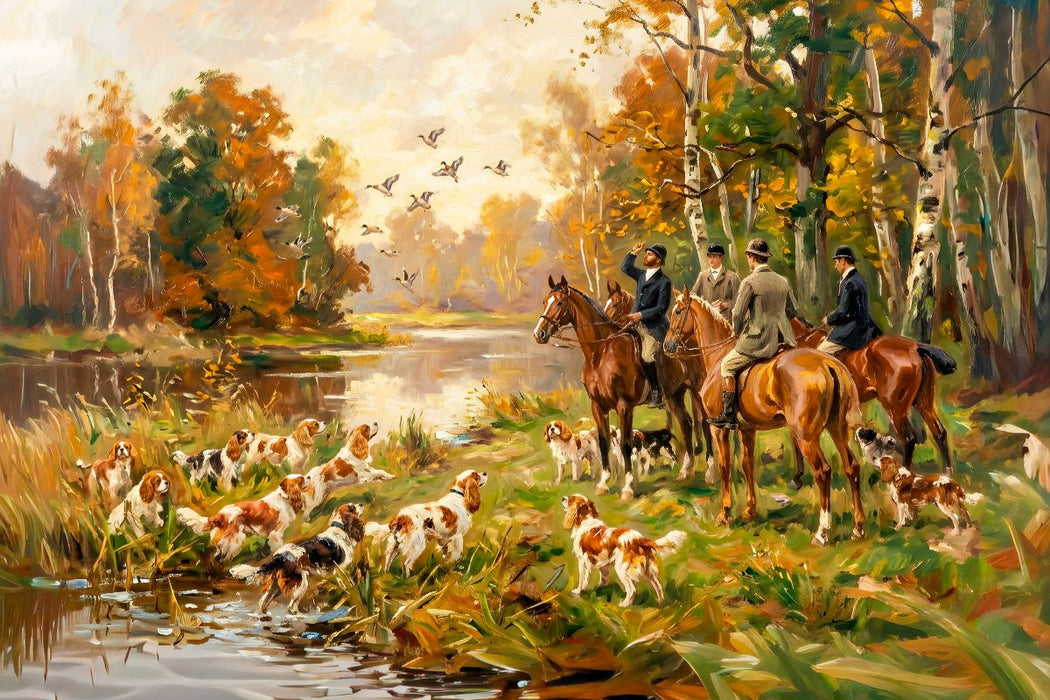 Premium Textil-Leinwand Herbstliche Entenjagd mit King Charles Spaniels