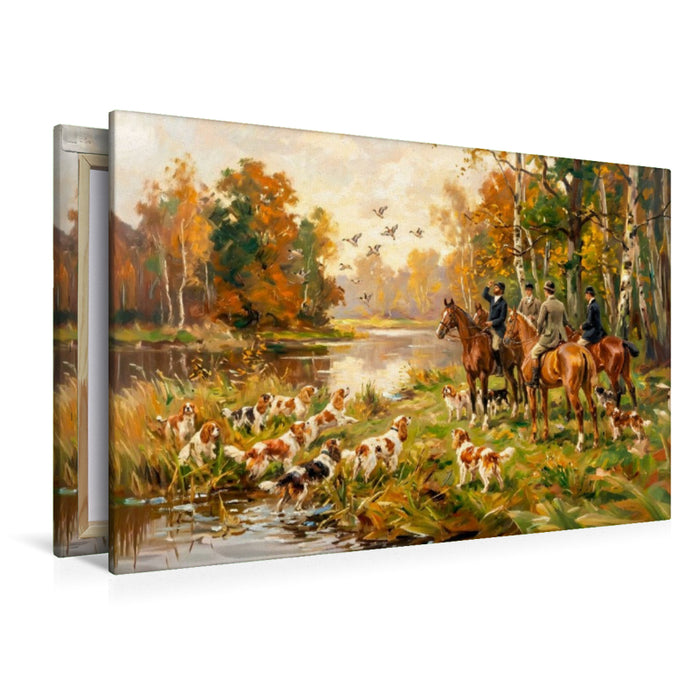 Premium Textil-Leinwand Herbstliche Entenjagd mit King Charles Spaniels