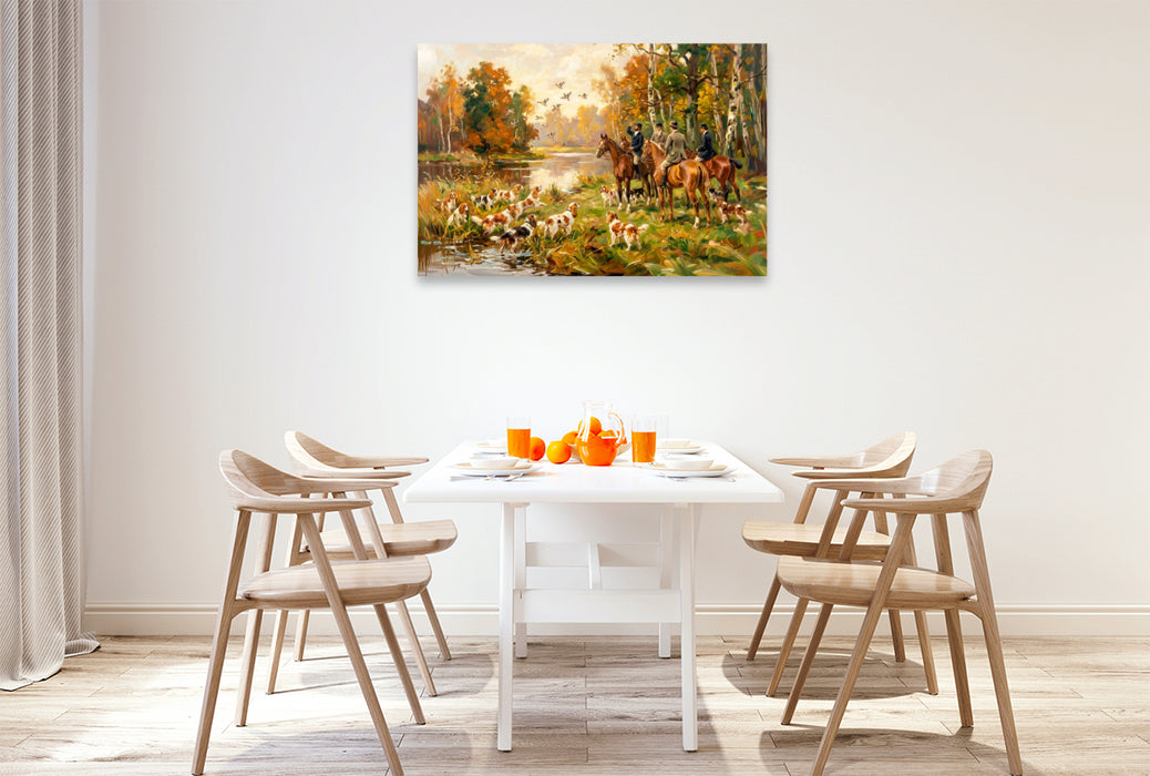 Premium Textil-Leinwand Herbstliche Entenjagd mit King Charles Spaniels