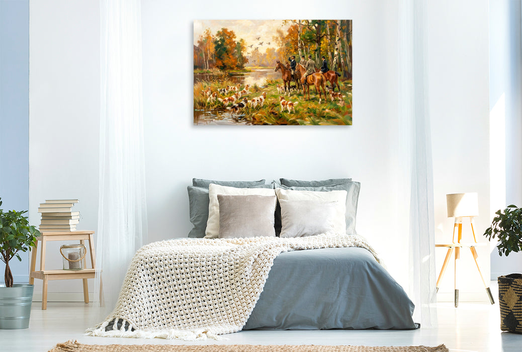 Premium Textil-Leinwand Herbstliche Entenjagd mit King Charles Spaniels