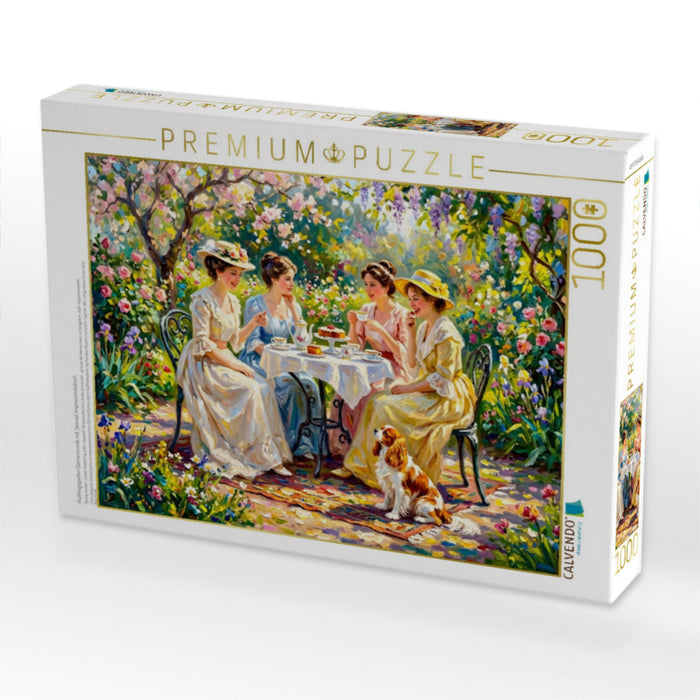 Frühlingsgarten Damenrunde mit Spaniel Impressionistisch - CALVENDO Foto-Puzzle'