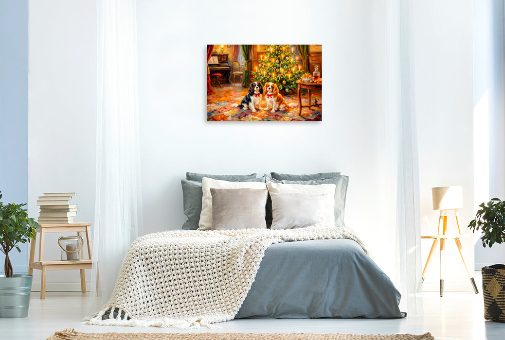 Premium Textil-Leinwand Zwei Spaniel unterm Weihnachtsbaum Impressionistisch
