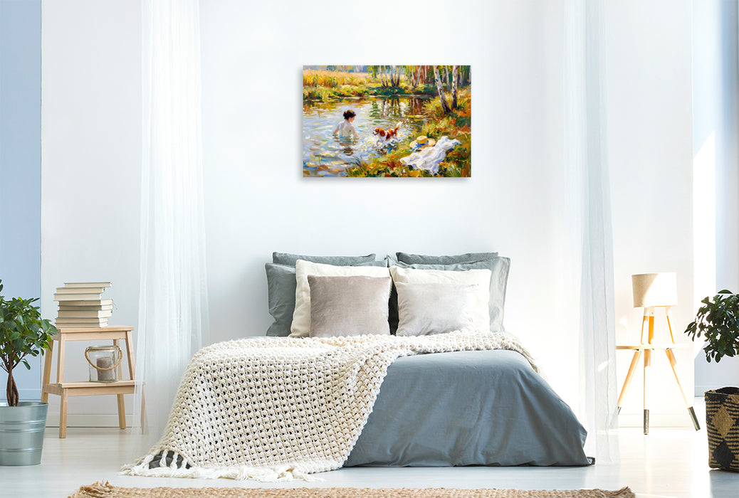 Premium Textil-Leinwand Badende Dame mit King Charles Spaniel