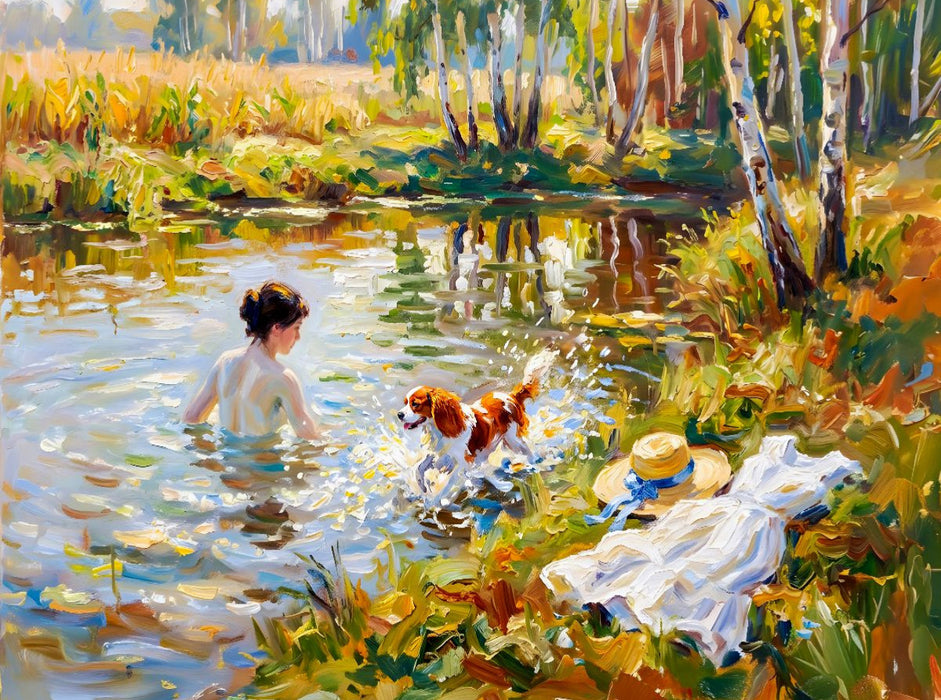 Badende Dame mit King Charles Spaniel - CALVENDO Foto-Puzzle'