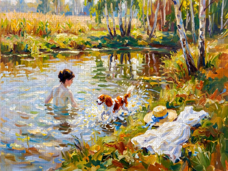 Badende Dame mit King Charles Spaniel - CALVENDO Foto-Puzzle'