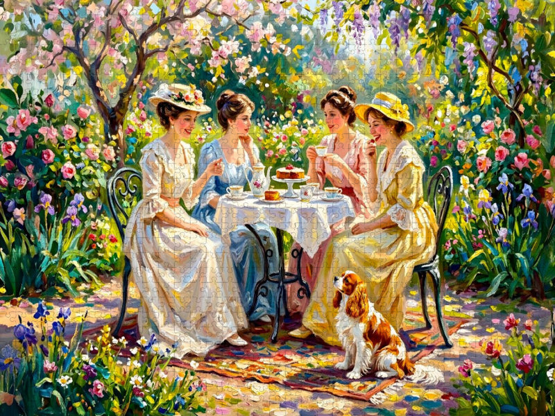 Frühlingsgarten Damenrunde mit Spaniel Impressionistisch - CALVENDO Foto-Puzzle'