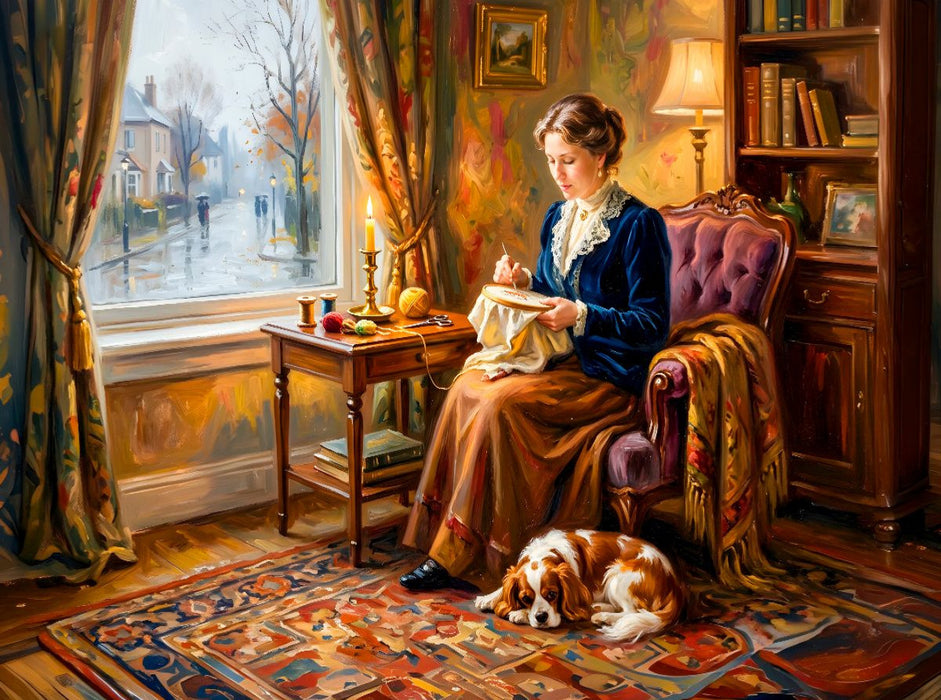 Frau am Fenster mit Spaniel Impressionistisch - CALVENDO Foto-Puzzle'