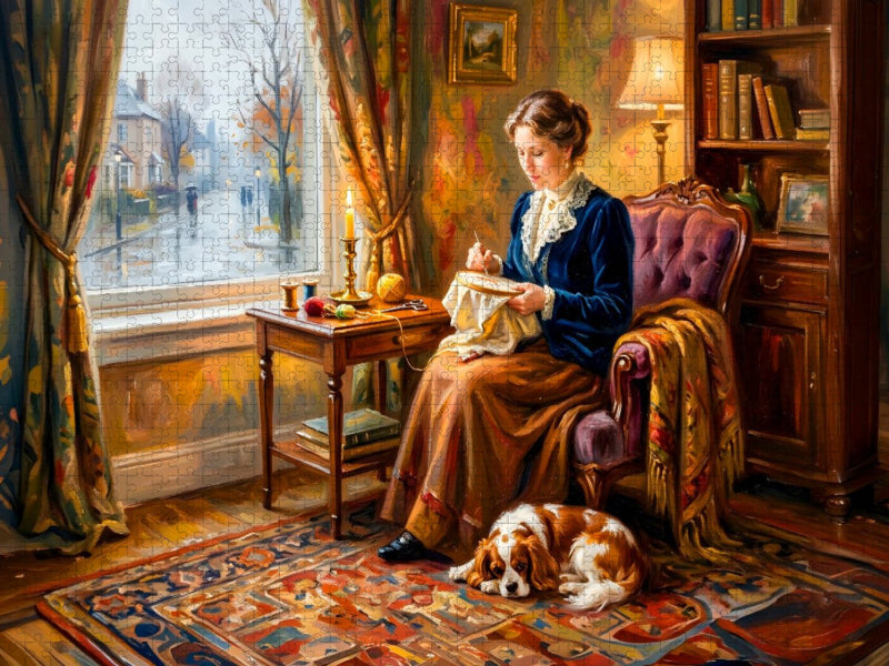 Frau am Fenster mit Spaniel Impressionistisch - CALVENDO Foto-Puzzle'