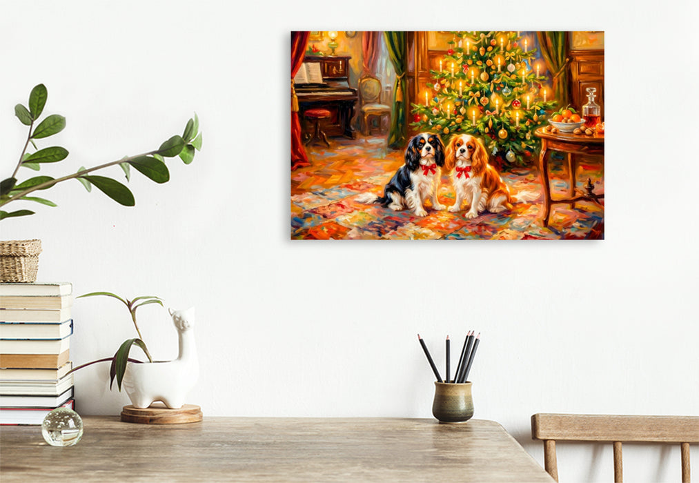 Premium Textil-Leinwand Zwei Spaniel unterm Weihnachtsbaum Impressionistisch